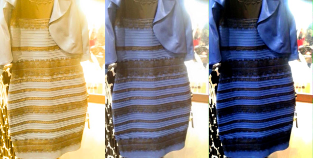 In the middle the dress as the picture was originally taken.  On the left it's been shopped to be white/gold and on the right it's been shopped the other way. PC: Wired/Swiked