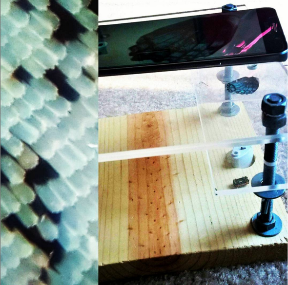 I built this crude microscope out of plexiglass, a handlens, and a #laser pointer lens. The microscope works in conjunction with my phone. The picture I took is of the scales that cover the butterfly wing. Each scale is about 60µm. 
