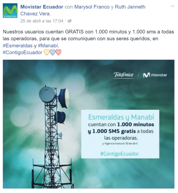 Movistar, one of cell phone carriers, is giving 1,000 free minutes and 1,000 free SMS to people in the affected areas of Ecuador. 