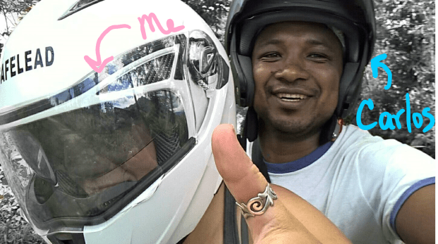 Carlos and I have a lot of adventures together. Here is is teaching me how to ride the motorbike. Lots of faith since he apparently didn't buckle his helmet ... 