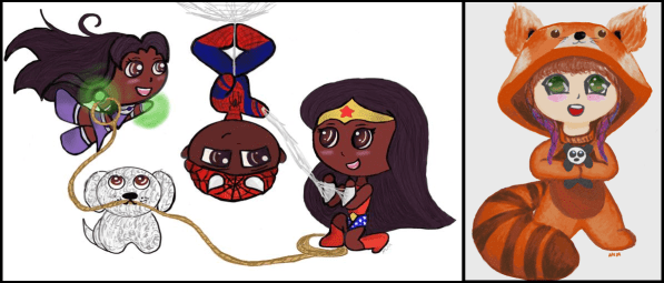 You can also be chibiafied. Animals, superheroes, bugs, whatever. The left is a picture of Carlos's kids as super heroes. The right is me in a red panda suit. *shrug* chibis. 