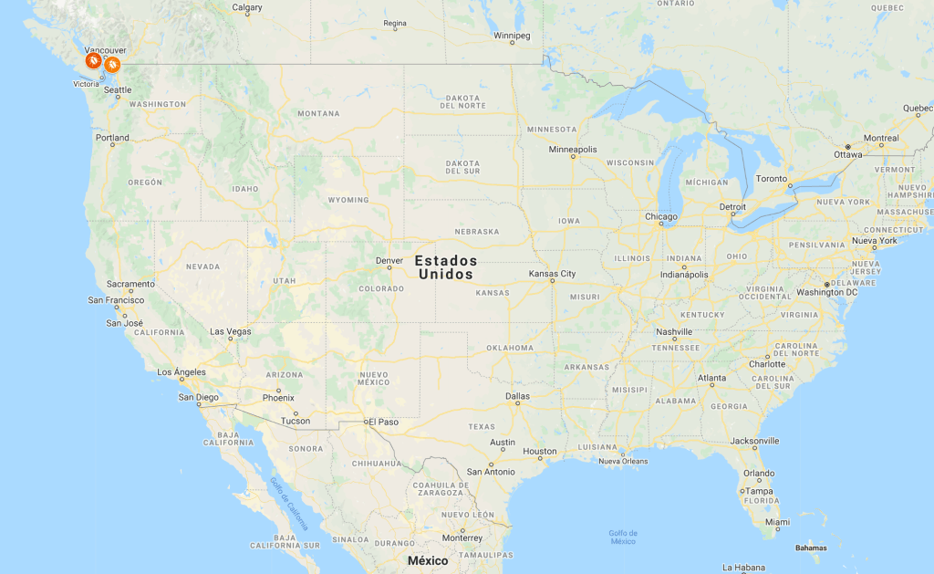 Map showing the US and southern Canada with two dots in the upper northwest. One in British Colombia and the other just past the Canadian border in Washington showing the locations of the two sightings. 