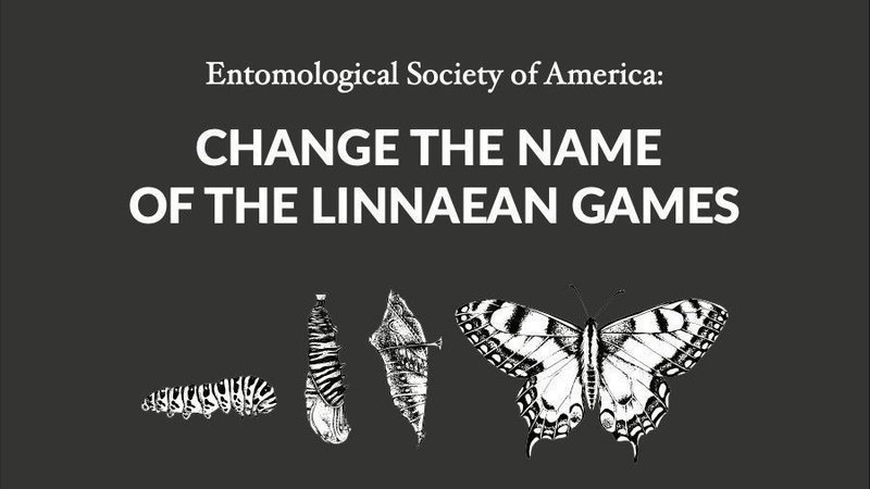 Says "Entomological Society of America: Change the Name of the Linnean Games" on a black background with black and white images of an Eastern Black Swallowtail caterpillar, the pupae, and the adult butterfly.